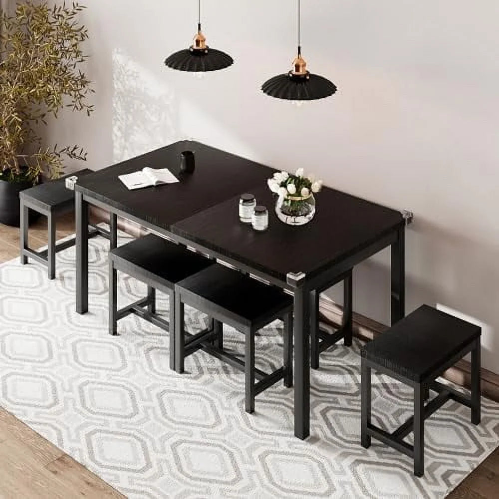 5-Piece Extendable Dining Table Set with 2 Benches and 2 Stools D876