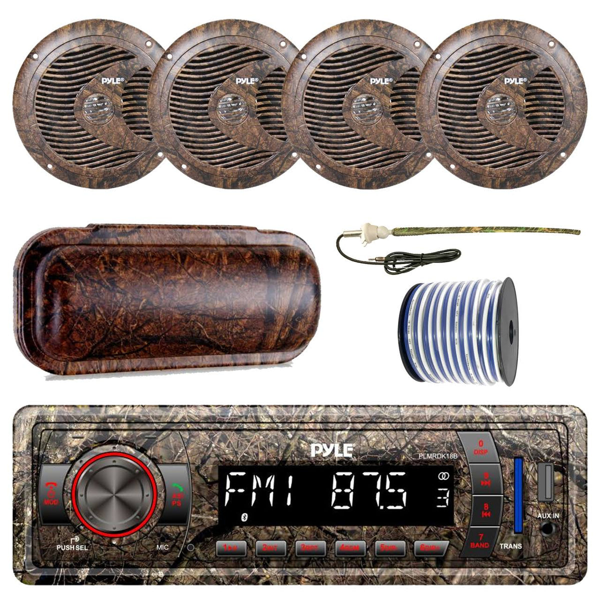 Single-DIN Bluetooth MP3 USB AUX Camo AM/FM Radio, 6.5" Waterproof Camo Speakers, Stereo Shield Cover Z5130