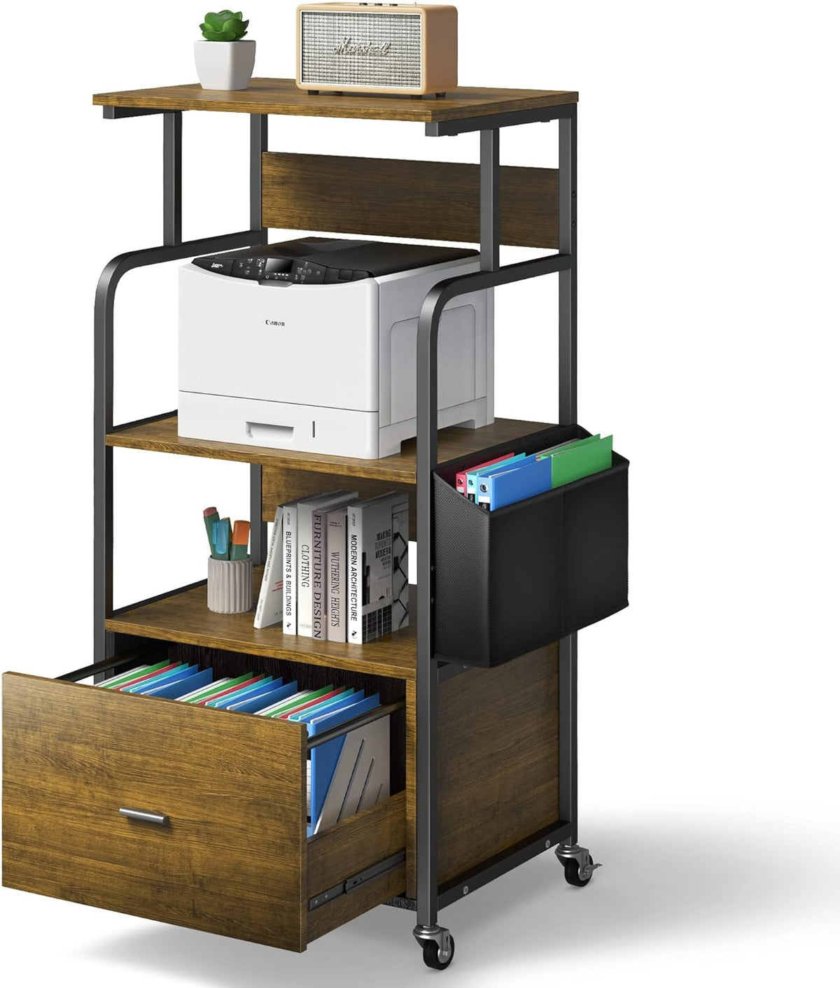 3 Tier Mobile Printer Stand with Drawer, Storage Bag, Metal Hook, Lockable Casters V2308