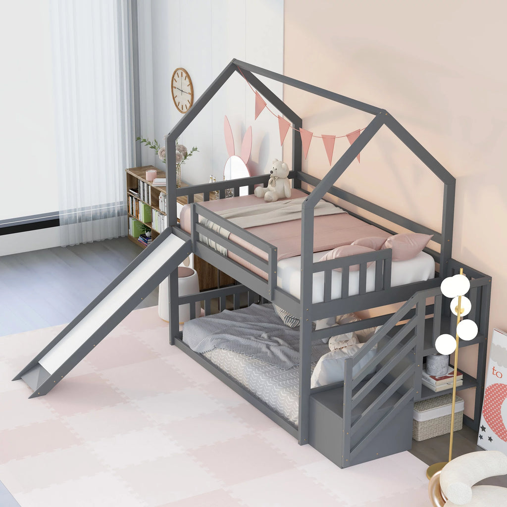 Gray Wooden Twin Over Twin Bunk Bed with Slide and Stairs G148