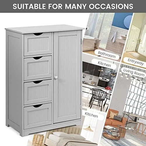 Grey Wooden Bathroom Floor Cabinet with 1 Cupboard and 4 Drawers E674956
