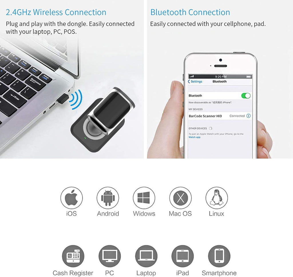 Bluetooth Wireless USB Wired Barcode Scanner with Stand Base J6498