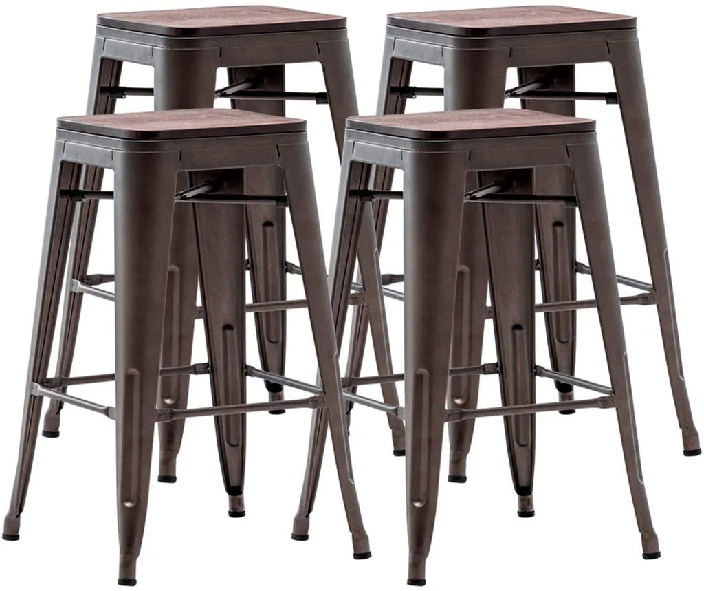 Set of 4 Metal Bar Stools Wood Seat Backless Z140