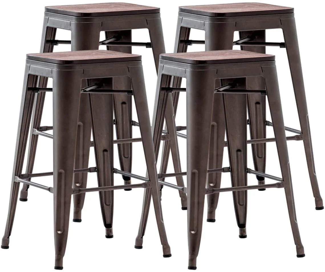 Set of 4 Metal Bar Stools Wood Seat Backless Z140