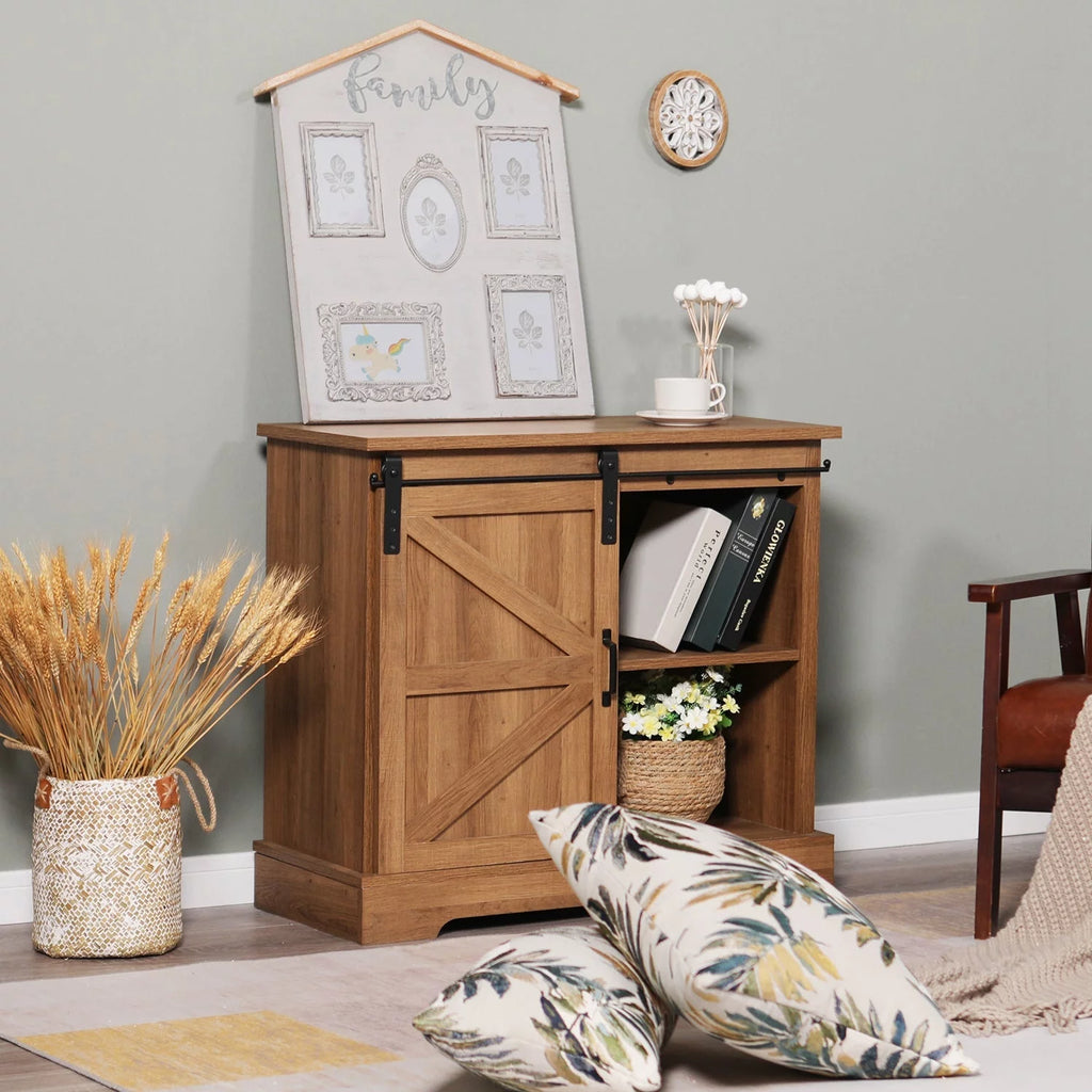 Brown Sliding Barn Door Storage Cabinet Sideboard E633848