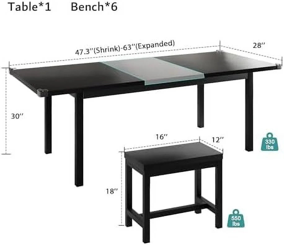 5-Piece Extendable Dining Table Set with 2 Benches and 2 Stools D876