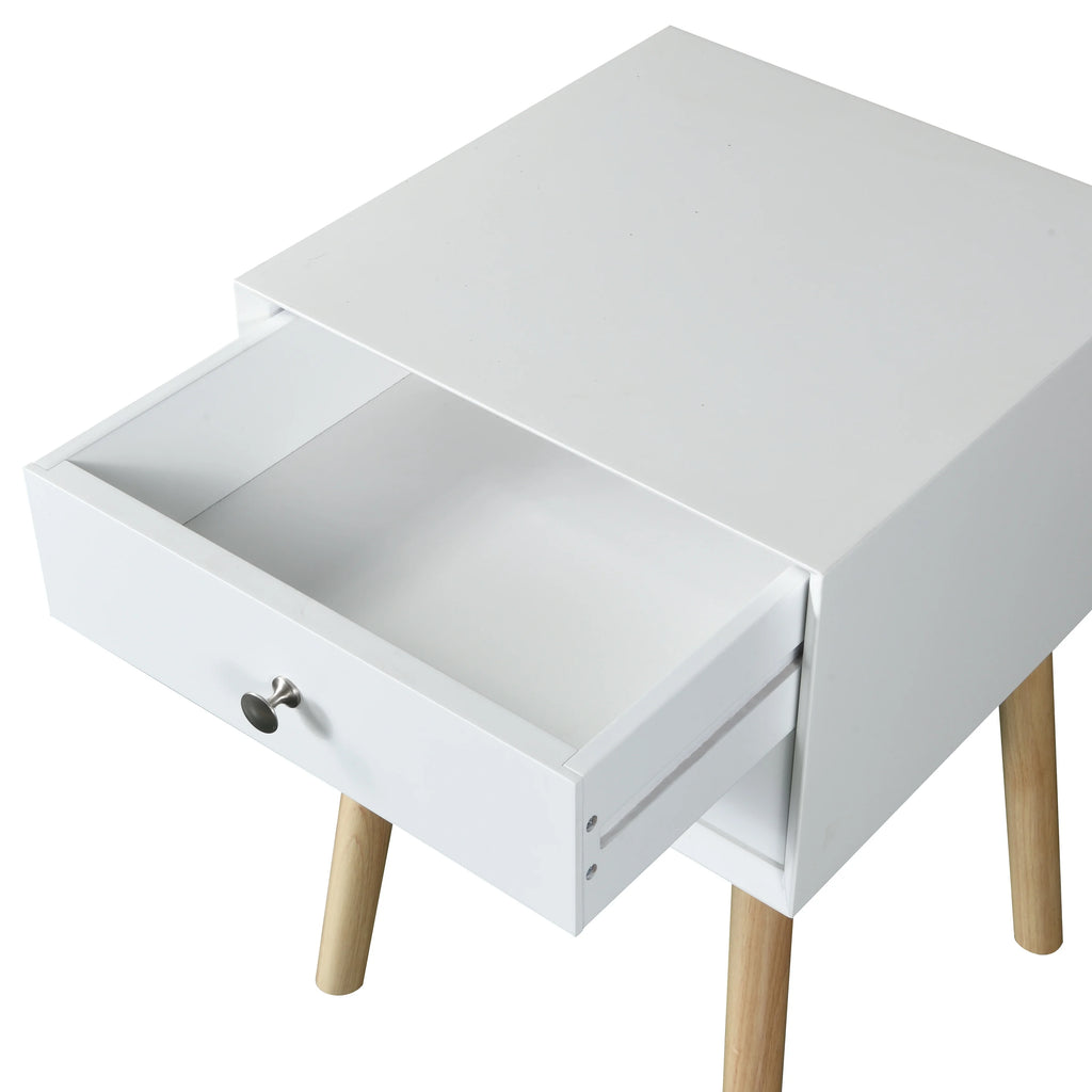 White Bedside Table with 2 Drawers and Rubber Wood Legs W529995