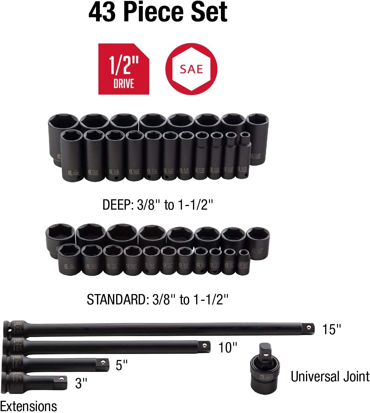 1/2 Inch Drive 43-Piece SAE Impact Socket Set with Heavy Duty Storage Case F686