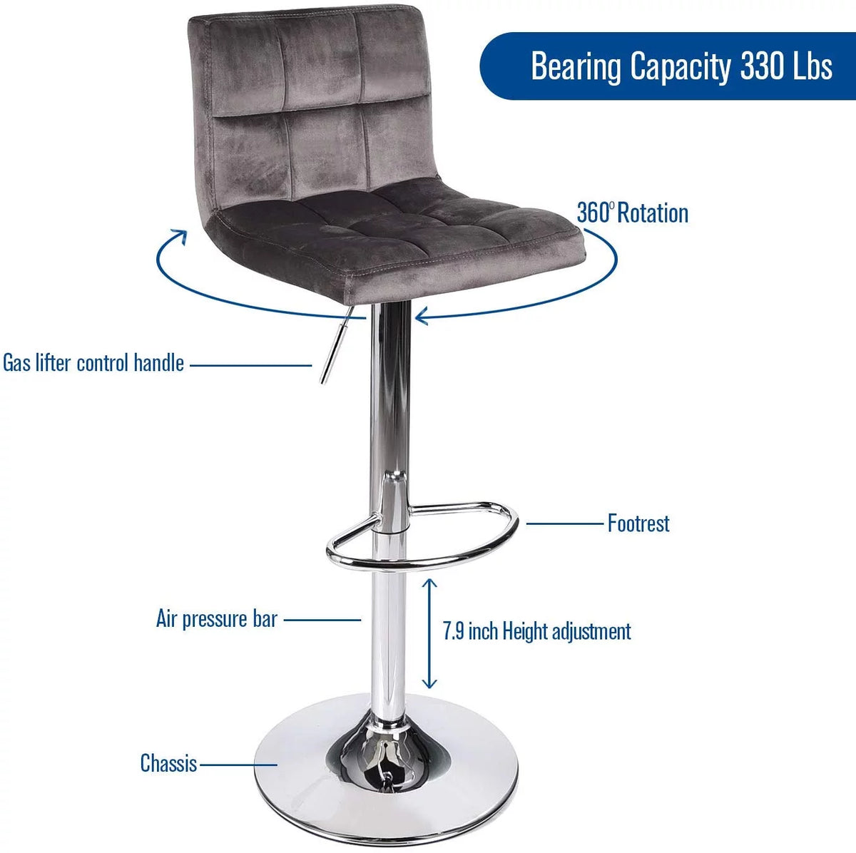 Set of 2 Gray Velvet Adjustable Swivel Bar Stool A36611