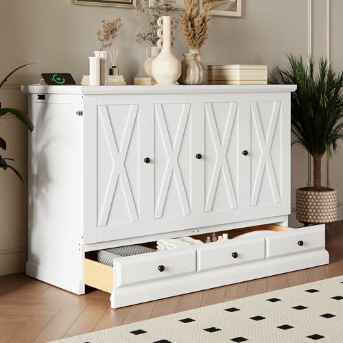 Queen Size Solid Pine Murphy Bed with Charging Station and Storage Drawer H1591
