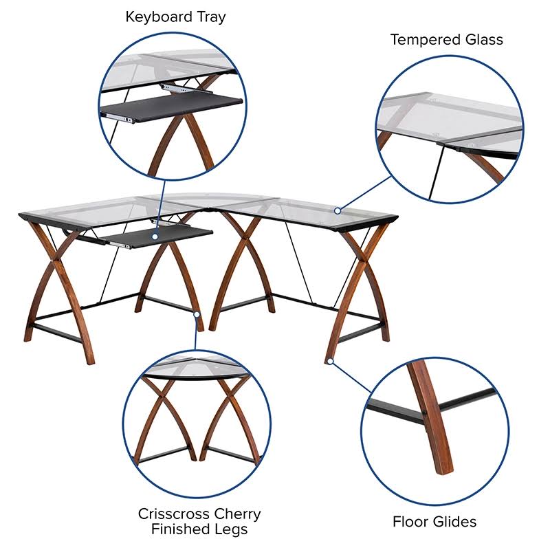 Glass L-Shape Desk with Pull-Out Keyboard Tray S995251
