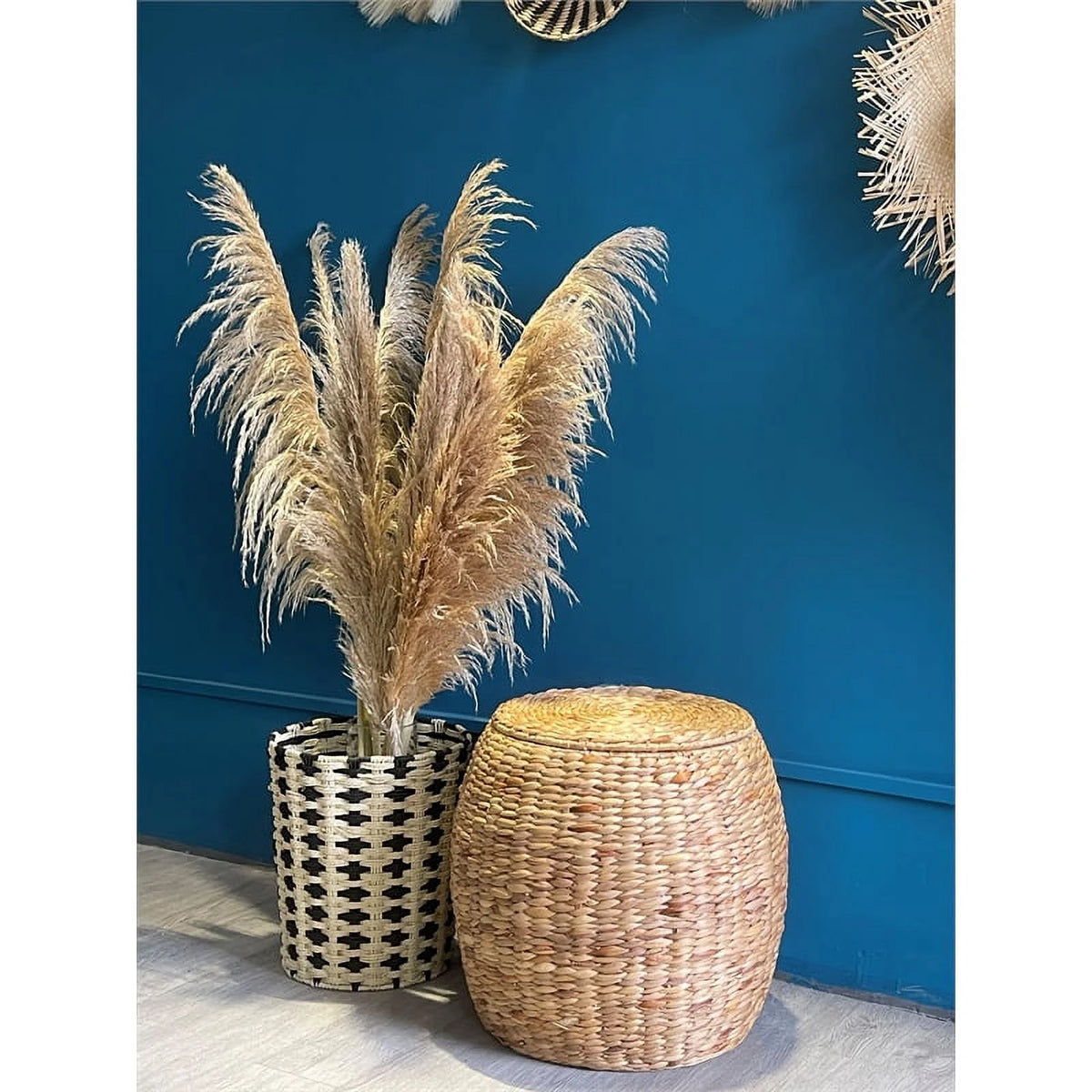 Beige Wicker Rattan Storage Ottoman Basket with Lid R754133