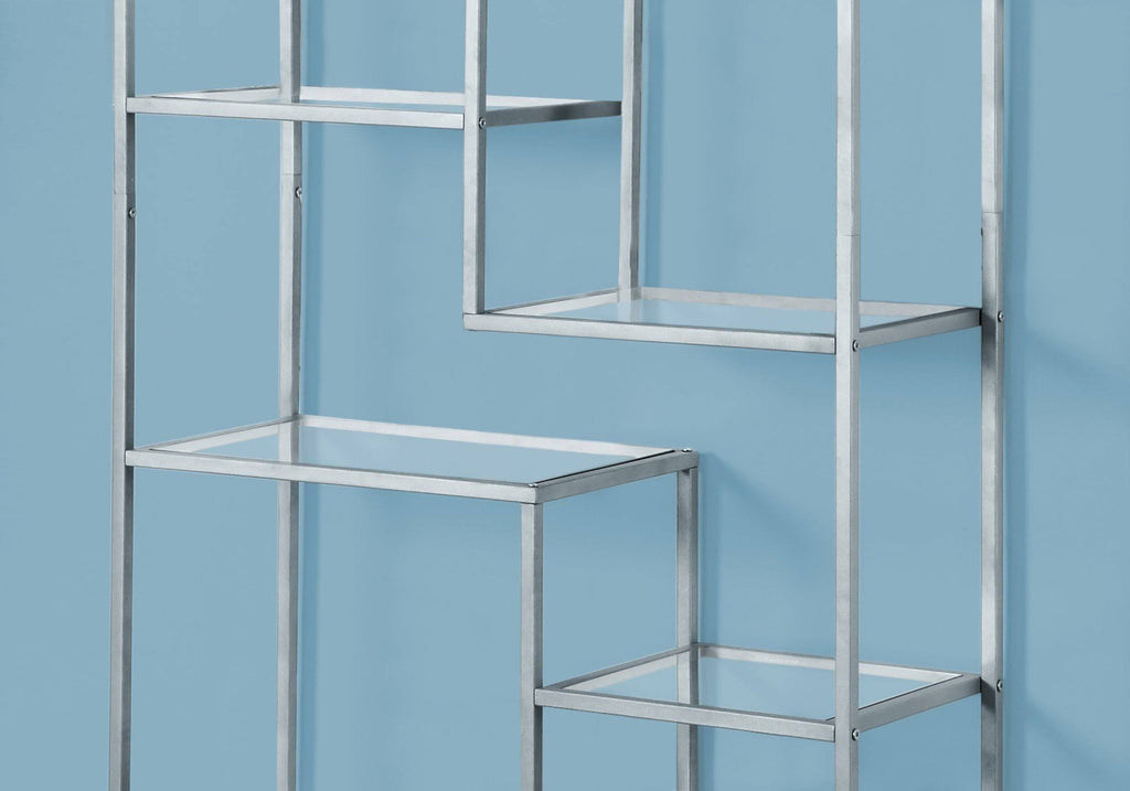 72x22H Silver Metal Bookcase with Tempered Glass B745
