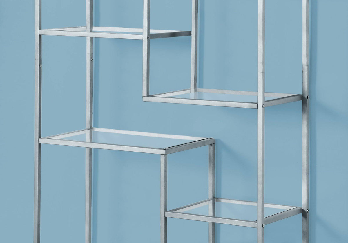 72x22H Silver Metal Bookcase with Tempered Glass B745