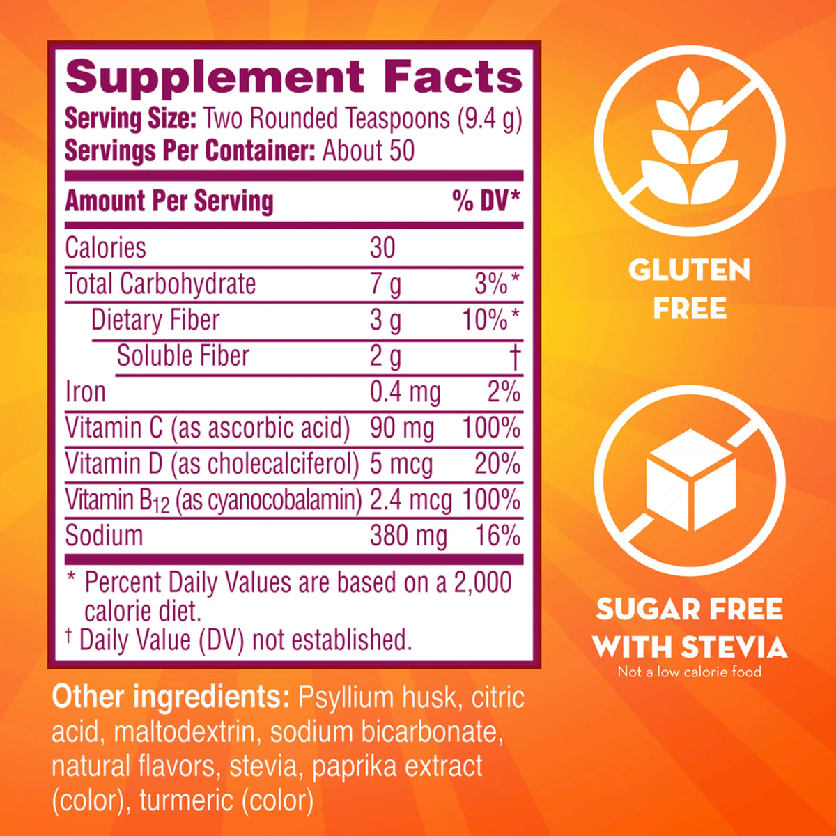 Sparkling Fiber Supplement with Vitamins C, D & B12, Citrus, 50 Servings L201176