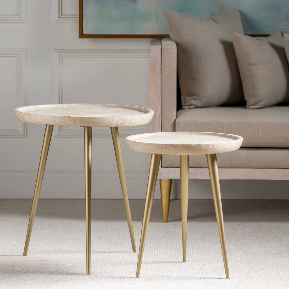 Mango Wood Tray Top Accent Tables with Antique Brass Metal Legs - Set of 2 Y24943