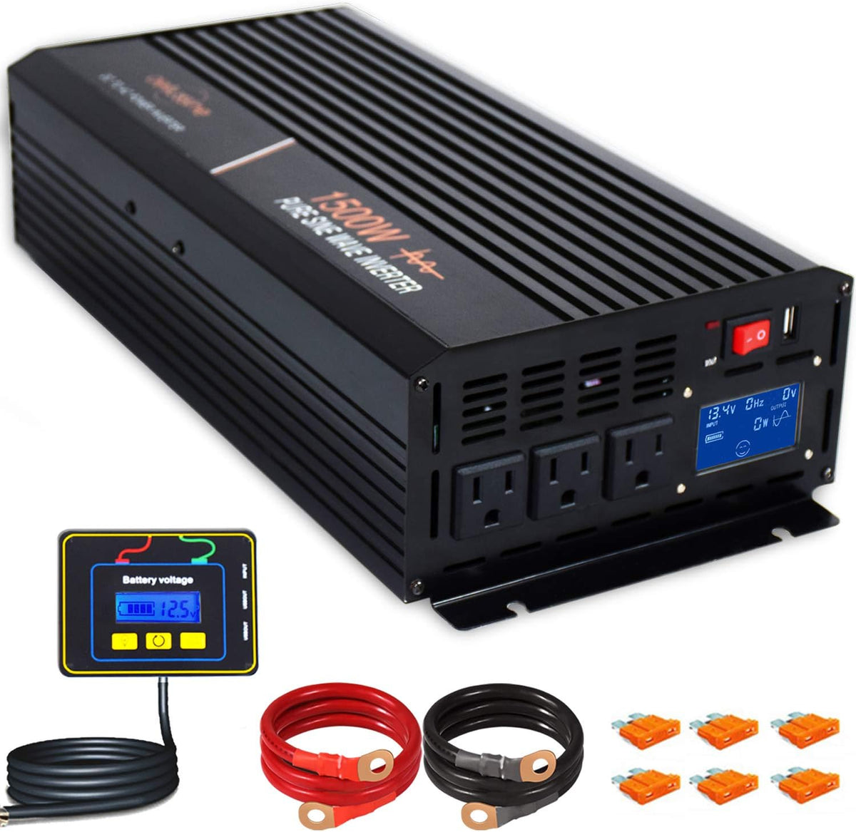 1500 Watt Pure Sine Wave Power Inverter 12V DC to AC 110V 120V with LCD Display Remote Switch H681