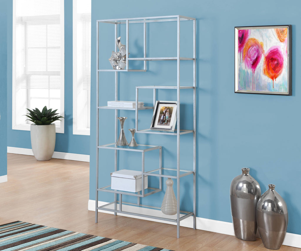 72x22H Silver Metal Bookcase with Tempered Glass B745