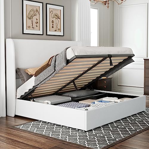 Queen Size Light Grey Linen Upholstered Storage Bed Frame P8104