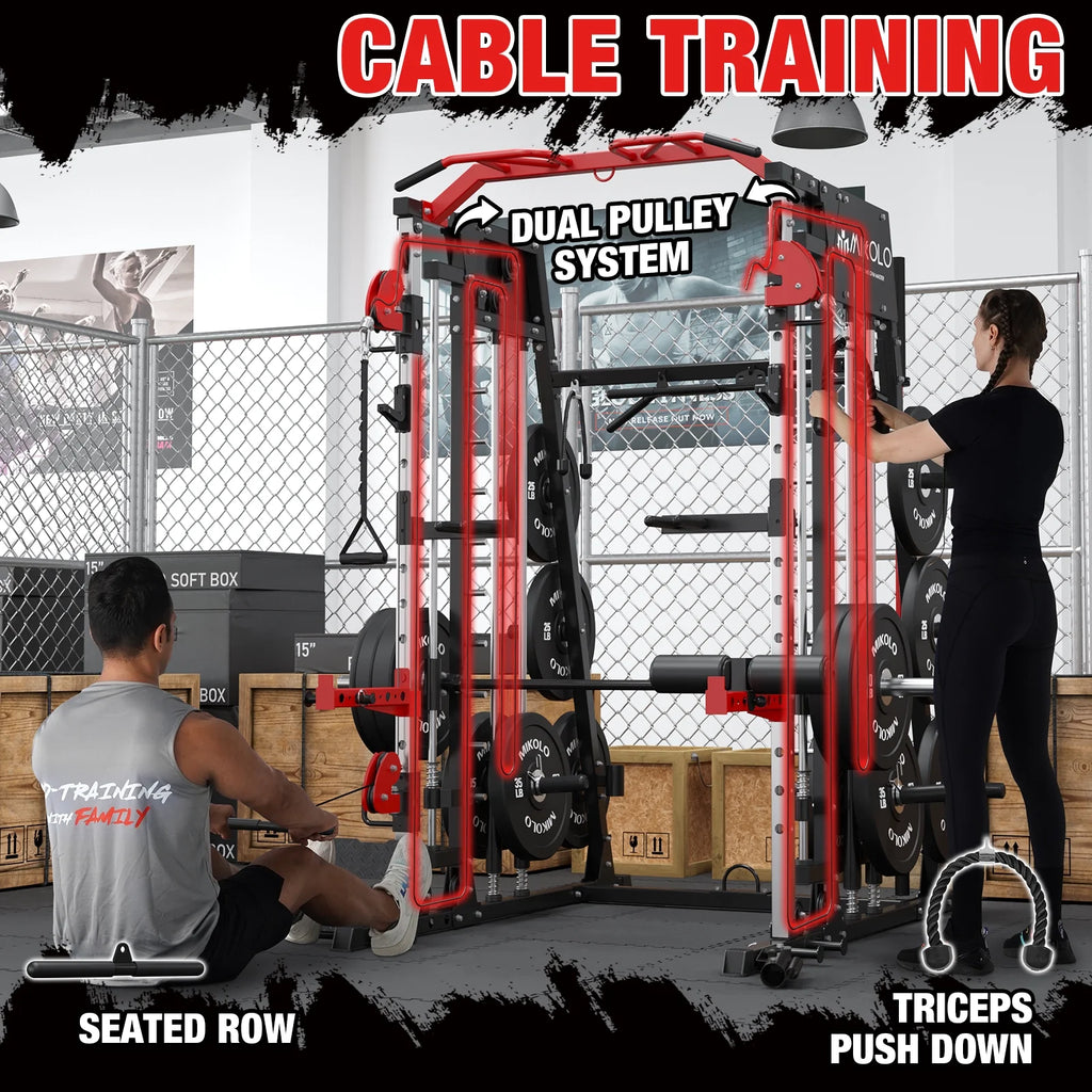 Smith Machine Power Rack Cage with Weight Bench and Cable Crossover System P40974