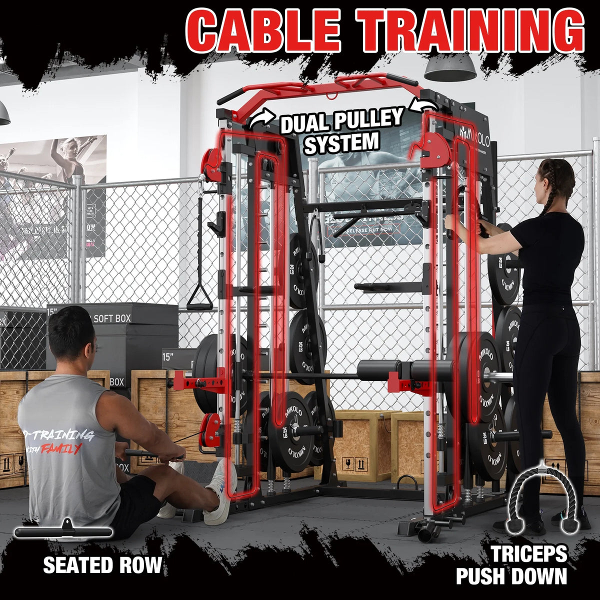 Smith Machine Power Rack Cage with Weight Bench and Cable Crossover System P40974