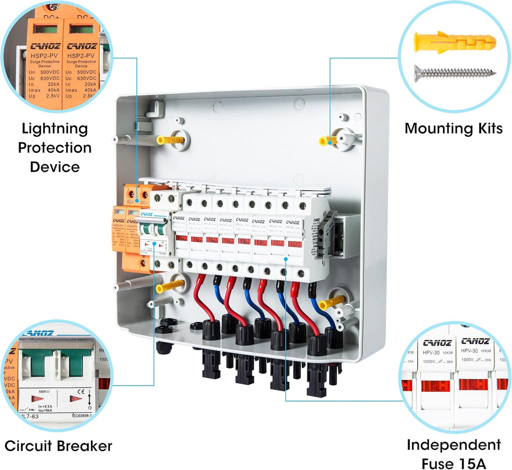4 String PV Combiner Box with 15A Fuse, 63A Circuit Breaker, Surge Protector and MC4 Connectors F93996