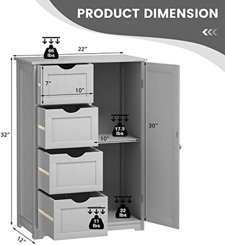 Grey Wooden Bathroom Floor Cabinet with 1 Cupboard and 4 Drawers E674956