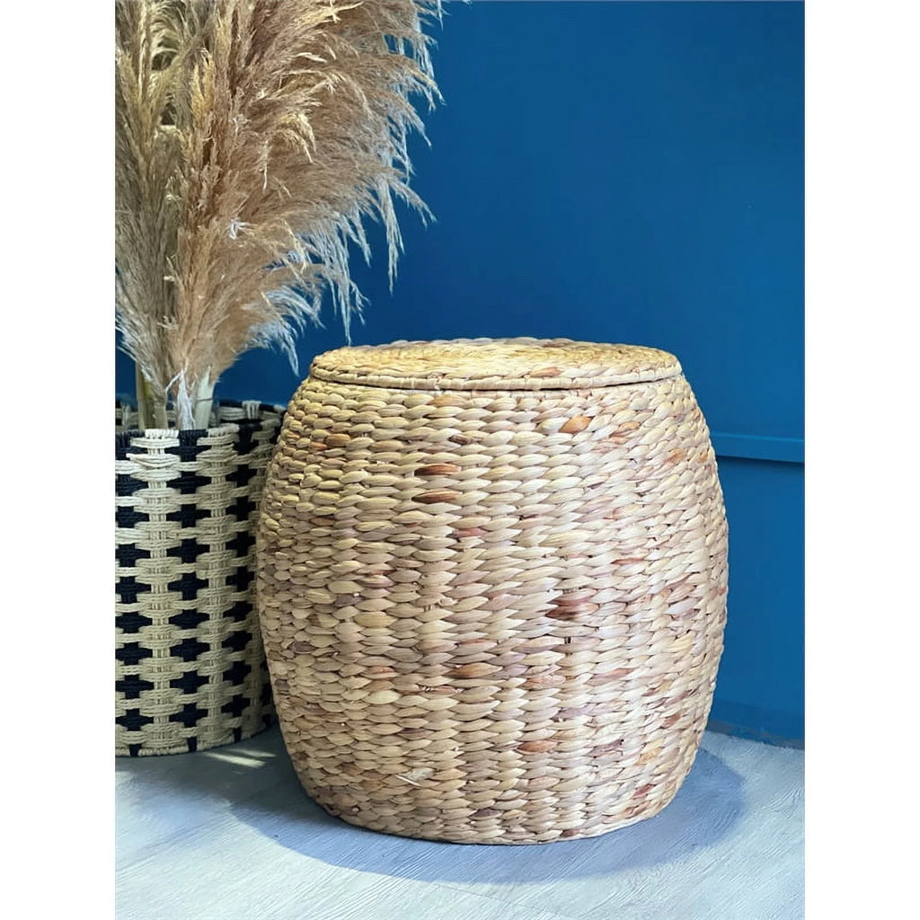 Beige Wicker Rattan Storage Ottoman Basket with Lid R754133