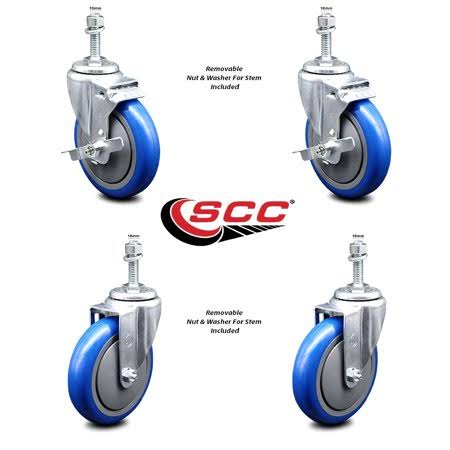 Polyurethane Swivel Threaded Stem Caster Set of 4, 5 inch Blue Wheels S5144