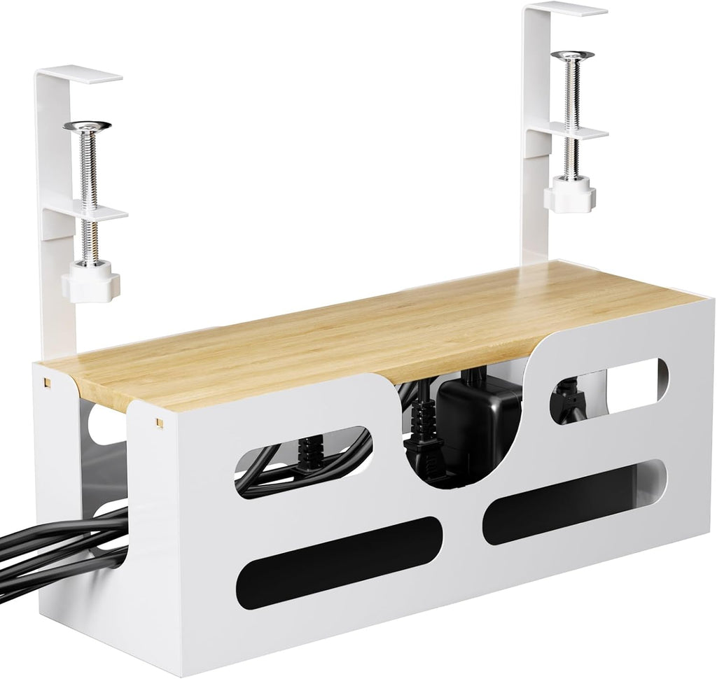 White Desk Cable Management Box with Lid and Adjustable Clamps I944