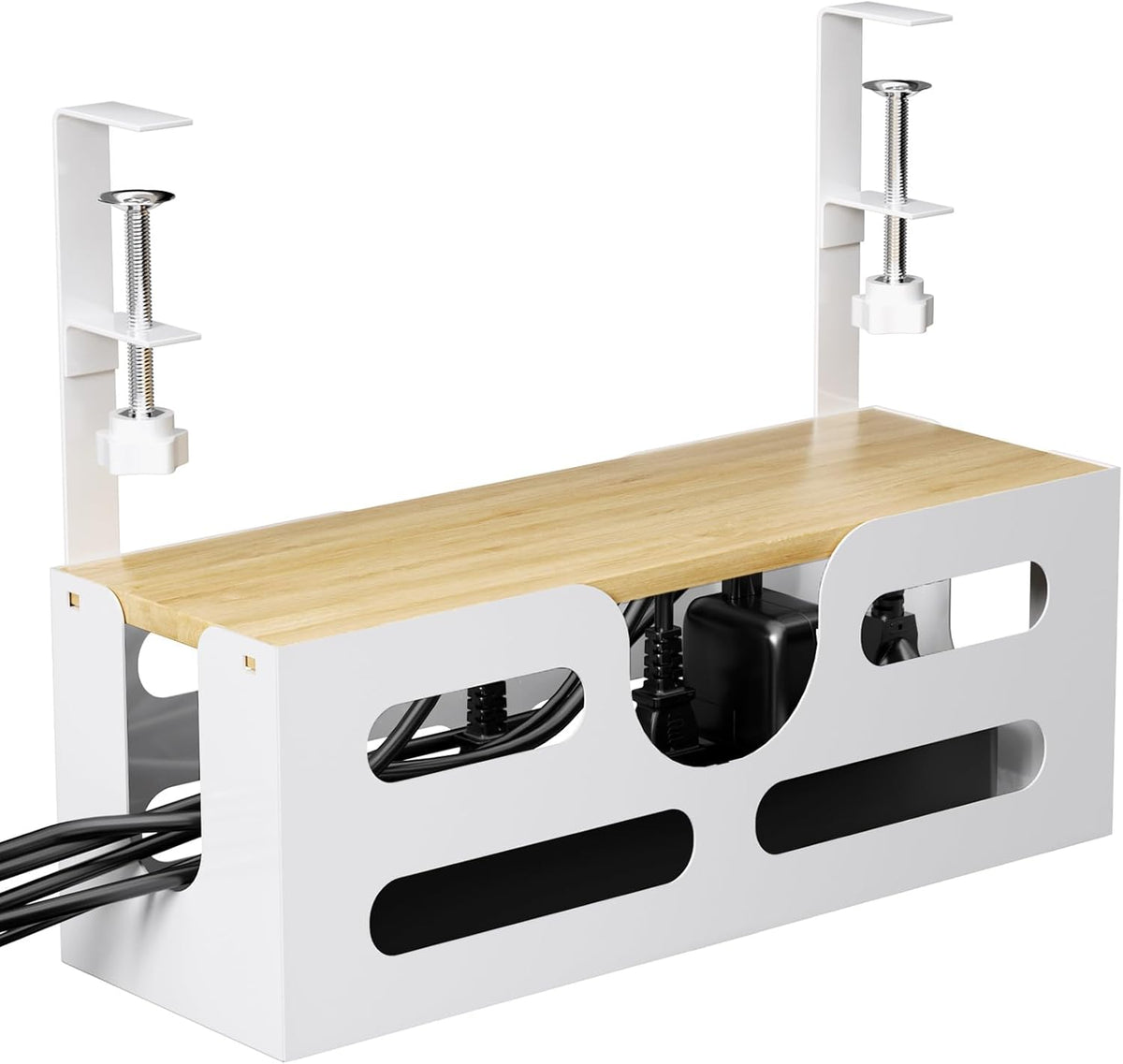 White Desk Cable Management Box with Lid and Adjustable Clamps I944