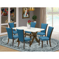 7 Pc Wood Dining Set with 6 Blue Linen Chairs M294