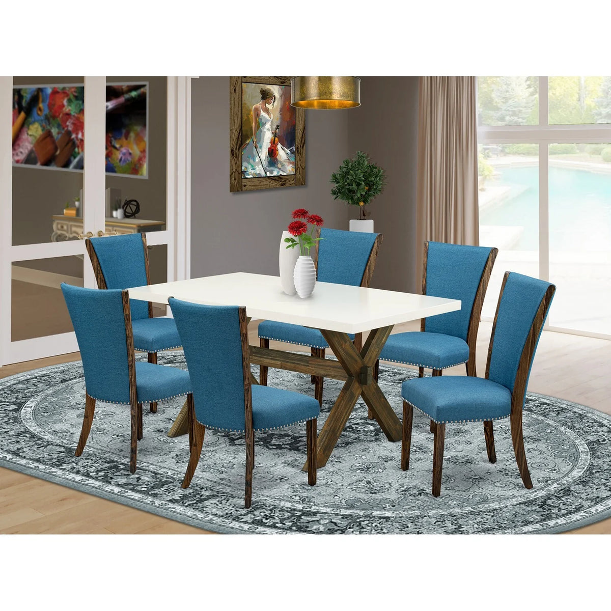 7 Pc Wood Dining Set with 6 Blue Linen Chairs M294