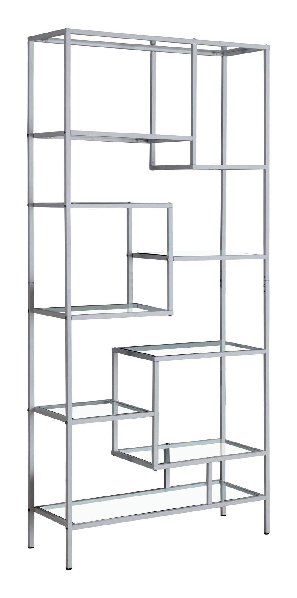 72x22H Silver Metal Bookcase with Tempered Glass B745