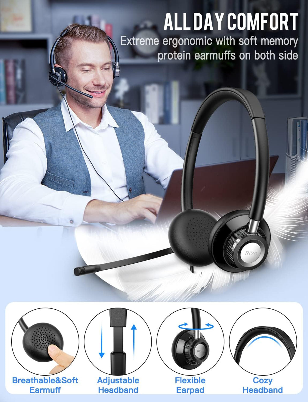 USB Headset with Rotatable Mic, Stereo Wired Headset, USB-C Adapter, Pack of 2 C1912