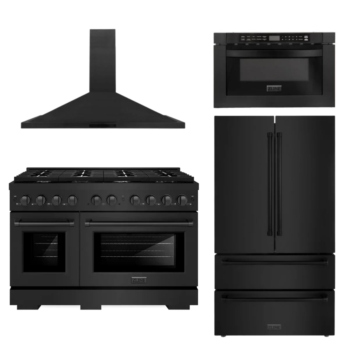 48 In. Gas Range, Refrigerator, Range Hood, Microwave Drawer in Black Stainless Steel O14878