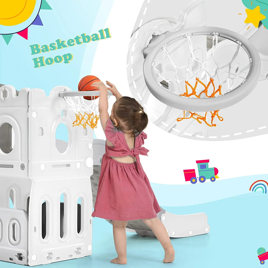 Kids 6-in-1 Slide with Climber, Basketball Hoop, Tunnel and Storage Space, HDPE, Blue P3409
