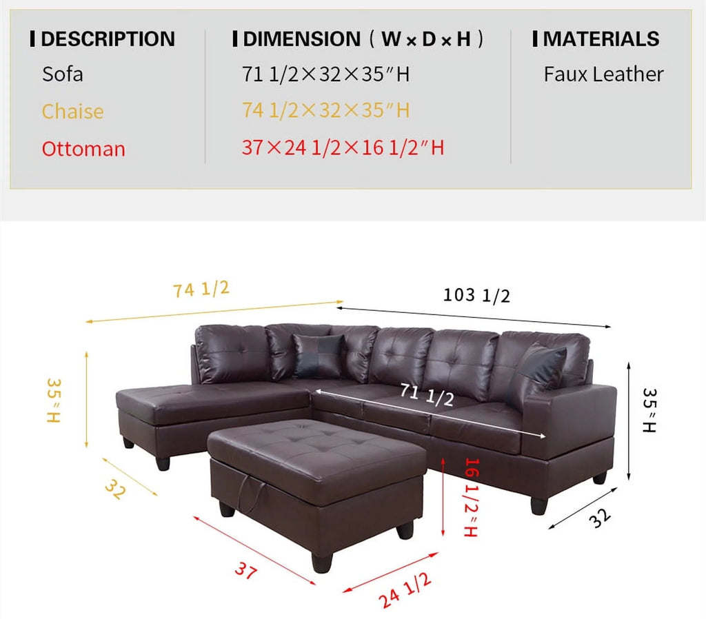 Faux Leather 3 Piece L-Shaped Sectional Sofa Set with Chaise Storage Ottoman and Pillows U3803