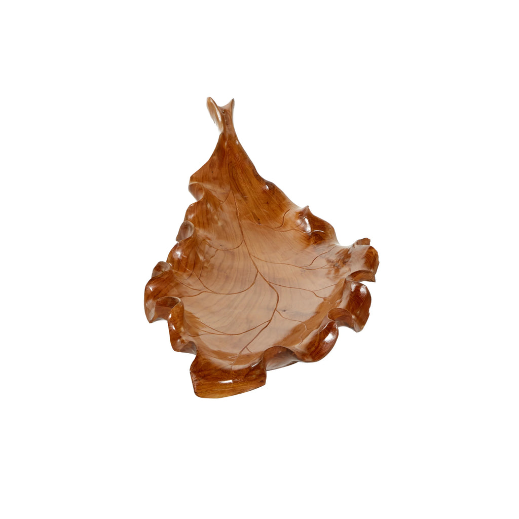 Brown Teak Wood Handmade Live Edge Leaf Tray N22506