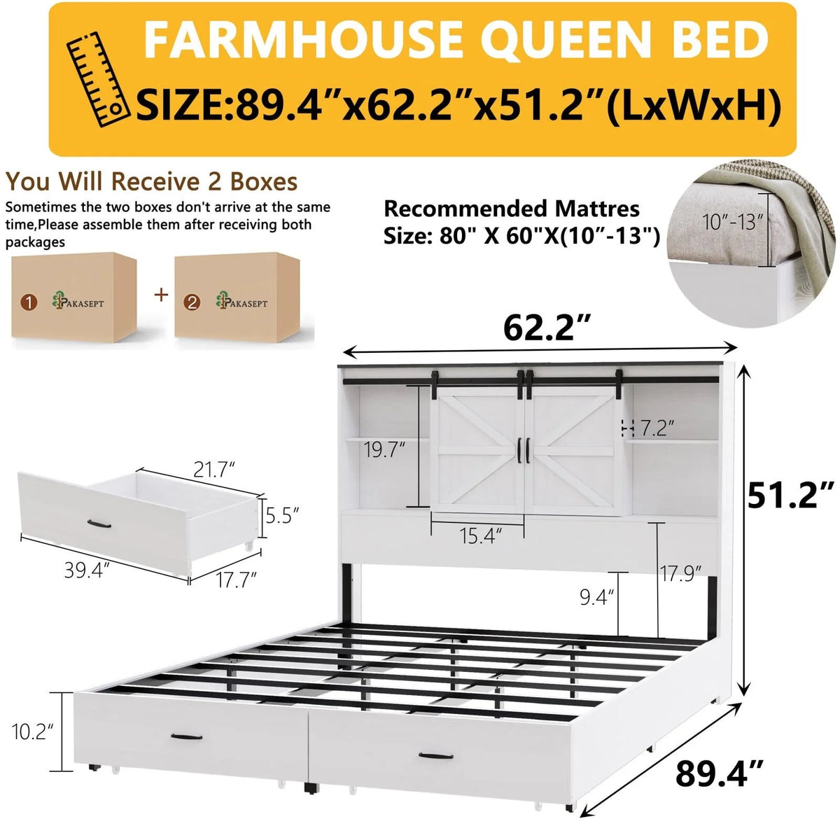 Queen Size Wooden Platform Bed Frame with Bookcase Headboard Storage K83850