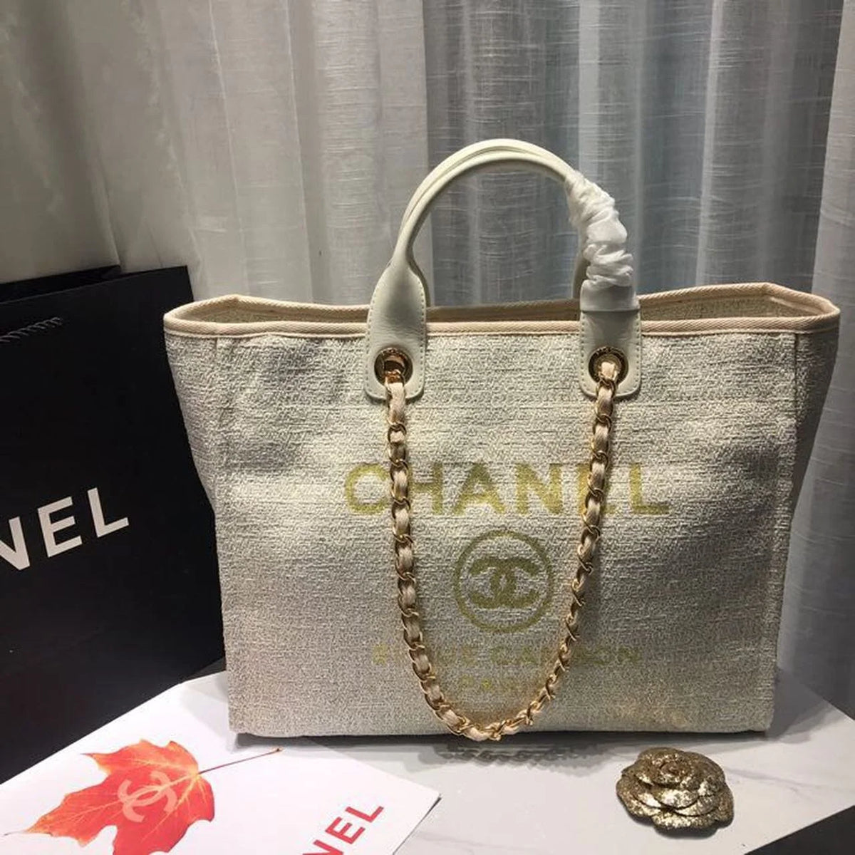 Beige Cream Tweed Canvas Tote Bag L392