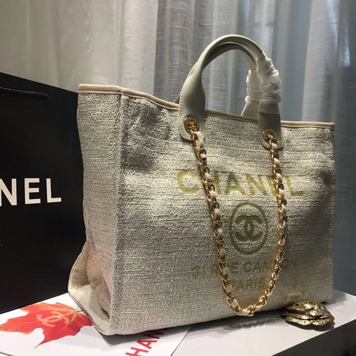 Beige Cream Tweed Canvas Tote Bag L392