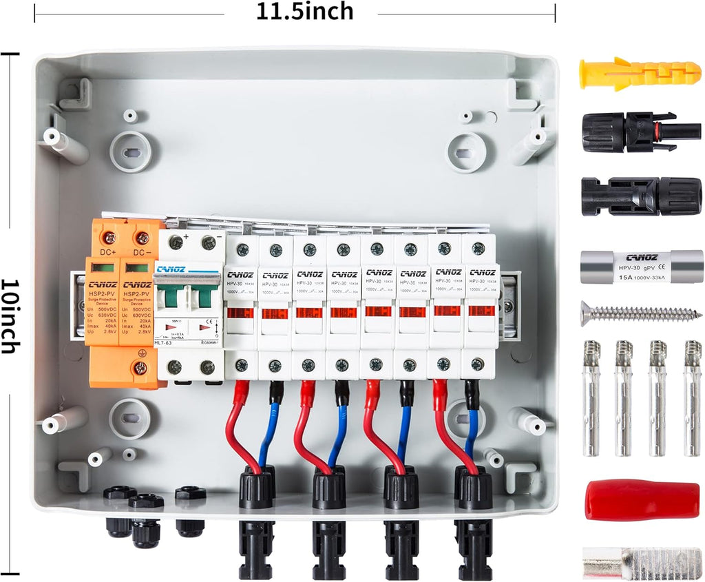 4 String PV Combiner Box with 15A Fuse, 63A Circuit Breaker, Surge Protector and MC4 Connectors F93996