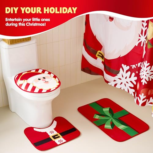 4 Pcs Christmas Bathroom Set with Shower Curtain, Bath Mat, Toilet Lid Cover, Rug & Hooks M478314