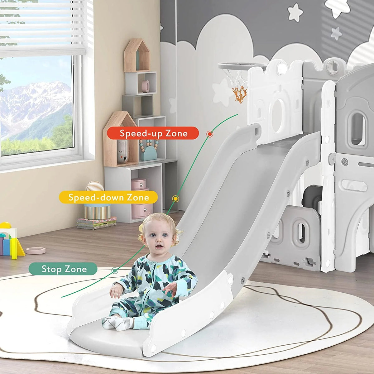 Kids 6-in-1 Slide with Climber, Basketball Hoop, Tunnel and Storage Space, HDPE, Blue P3409