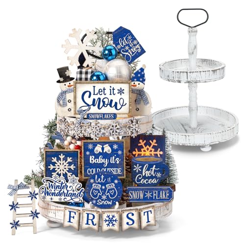 24 Pcs Christmas Tiered Tray Decorations Set with 2 Tiered Tray Stand X807