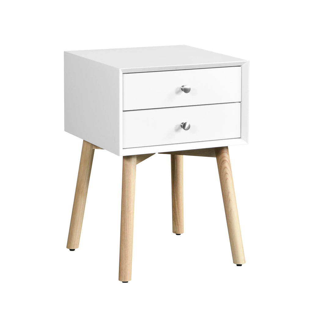 White Bedside Table with 2 Drawers and Rubber Wood Legs W529995