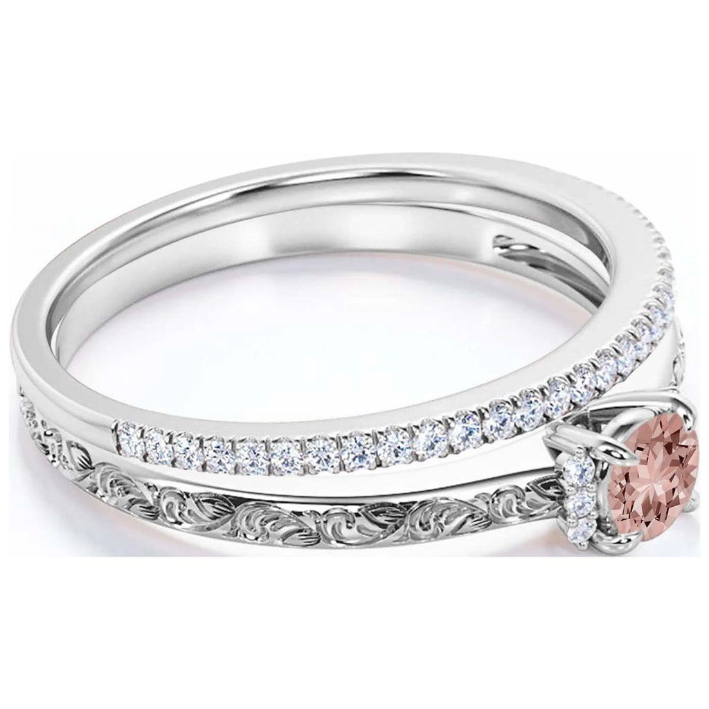 1.25 Carat Round Cut Morganite And Diamond Moissanite Engagement Ring in 10k Solid White Gold N710612