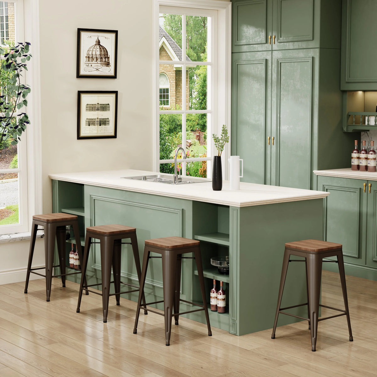 Set of 4 Metal Bar Stools Wood Seat Backless Z140