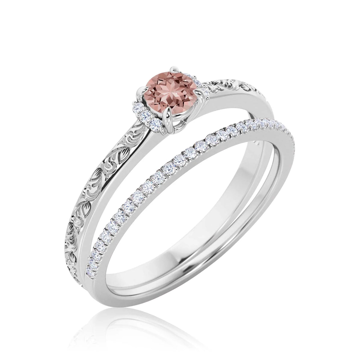 1.25 Carat Round Cut Morganite And Diamond Moissanite Engagement Ring in 10k Solid White Gold N710612